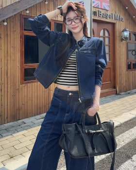 Round neck denim jacket slim wide leg pants 2pcs set