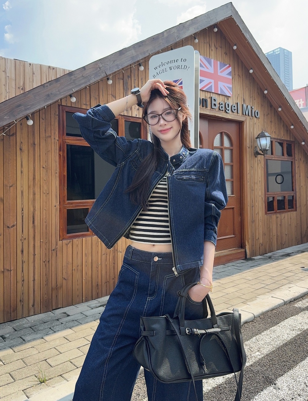 Round neck denim jacket slim wide leg pants 2pcs set