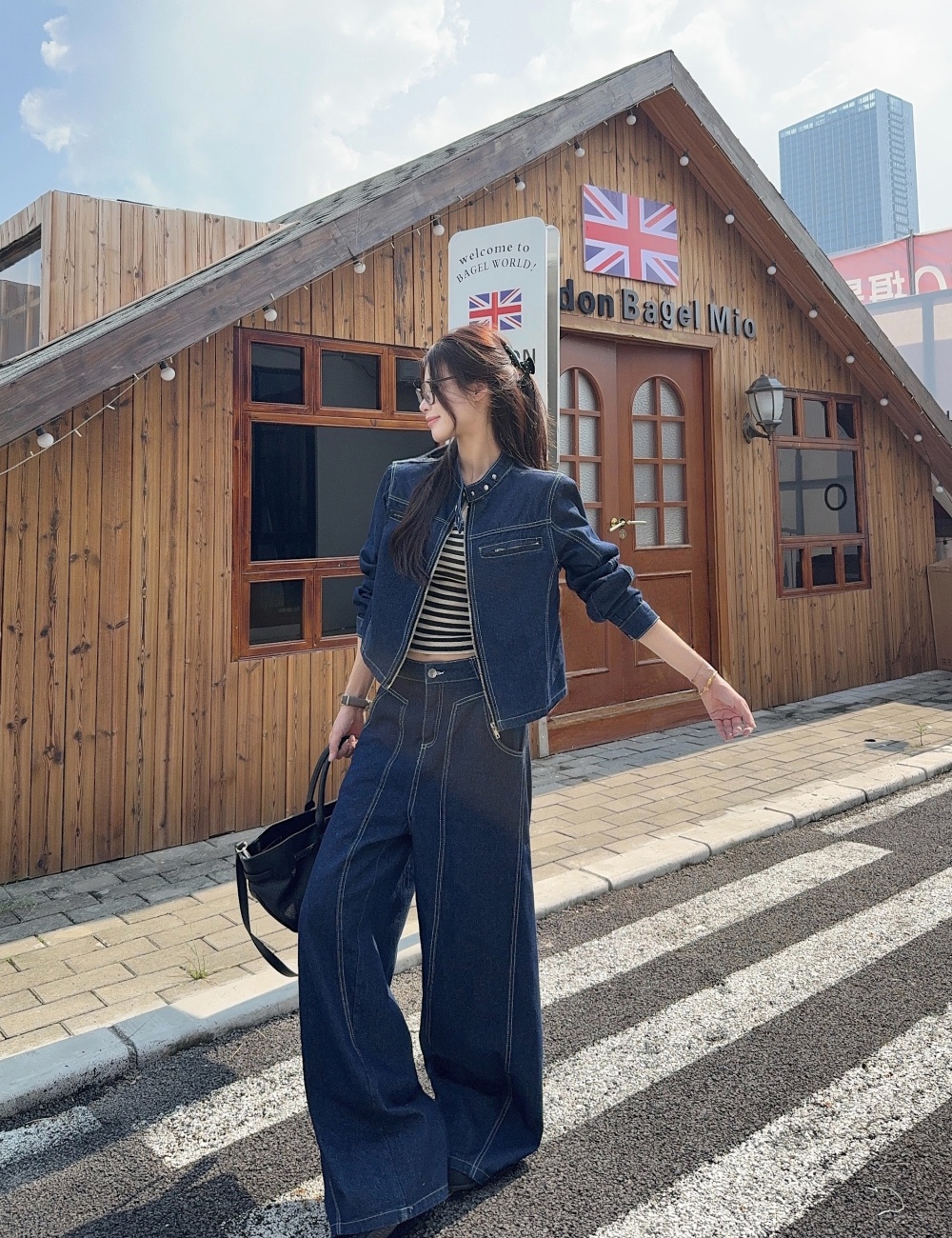 Round neck denim jacket slim wide leg pants 2pcs set