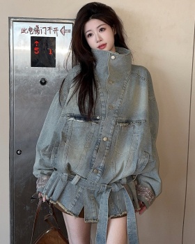 Multiple accent denim edging washed coat