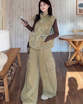 Denim work clothing all-match wide leg pants 2pcs set