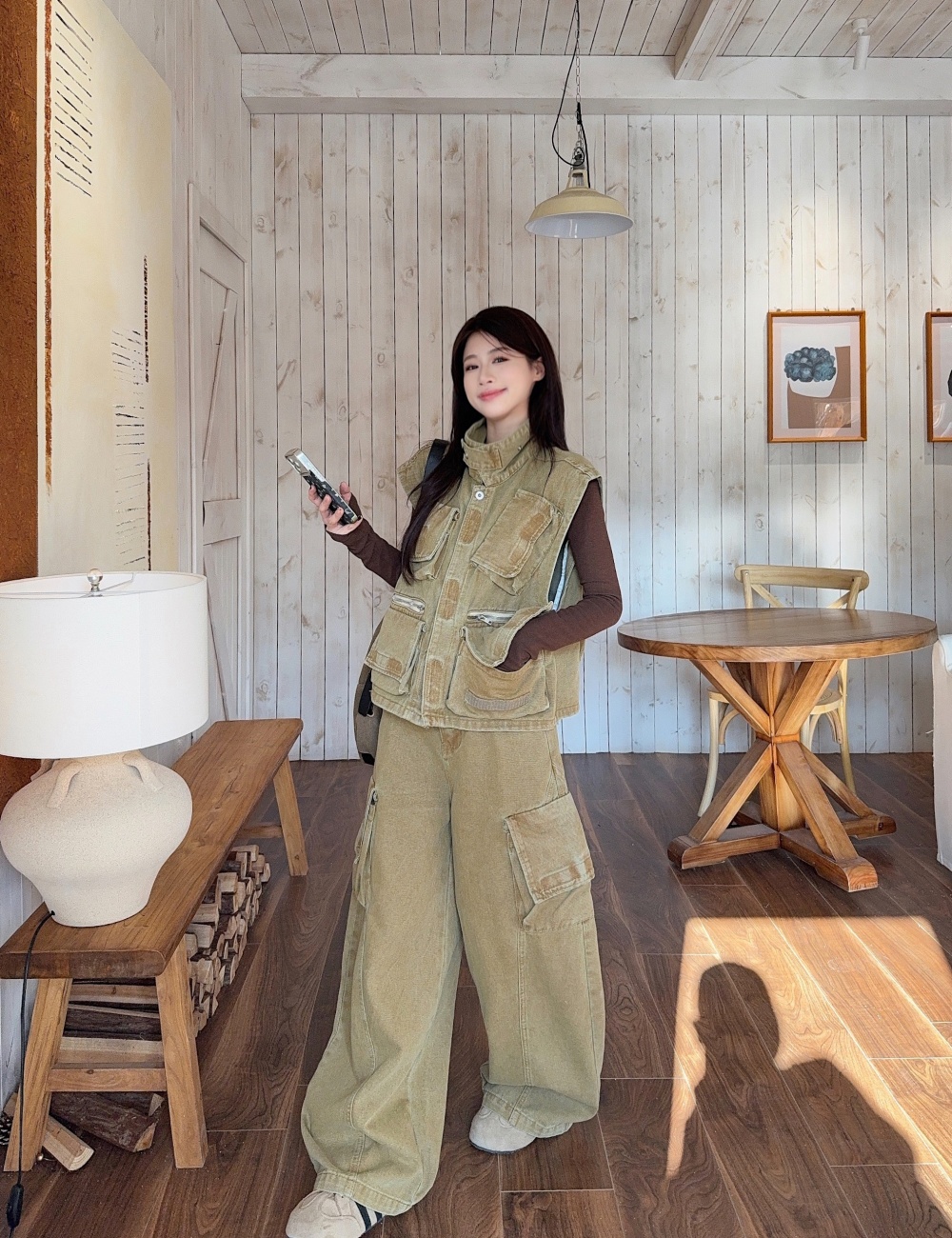 Denim work clothing all-match wide leg pants 2pcs set