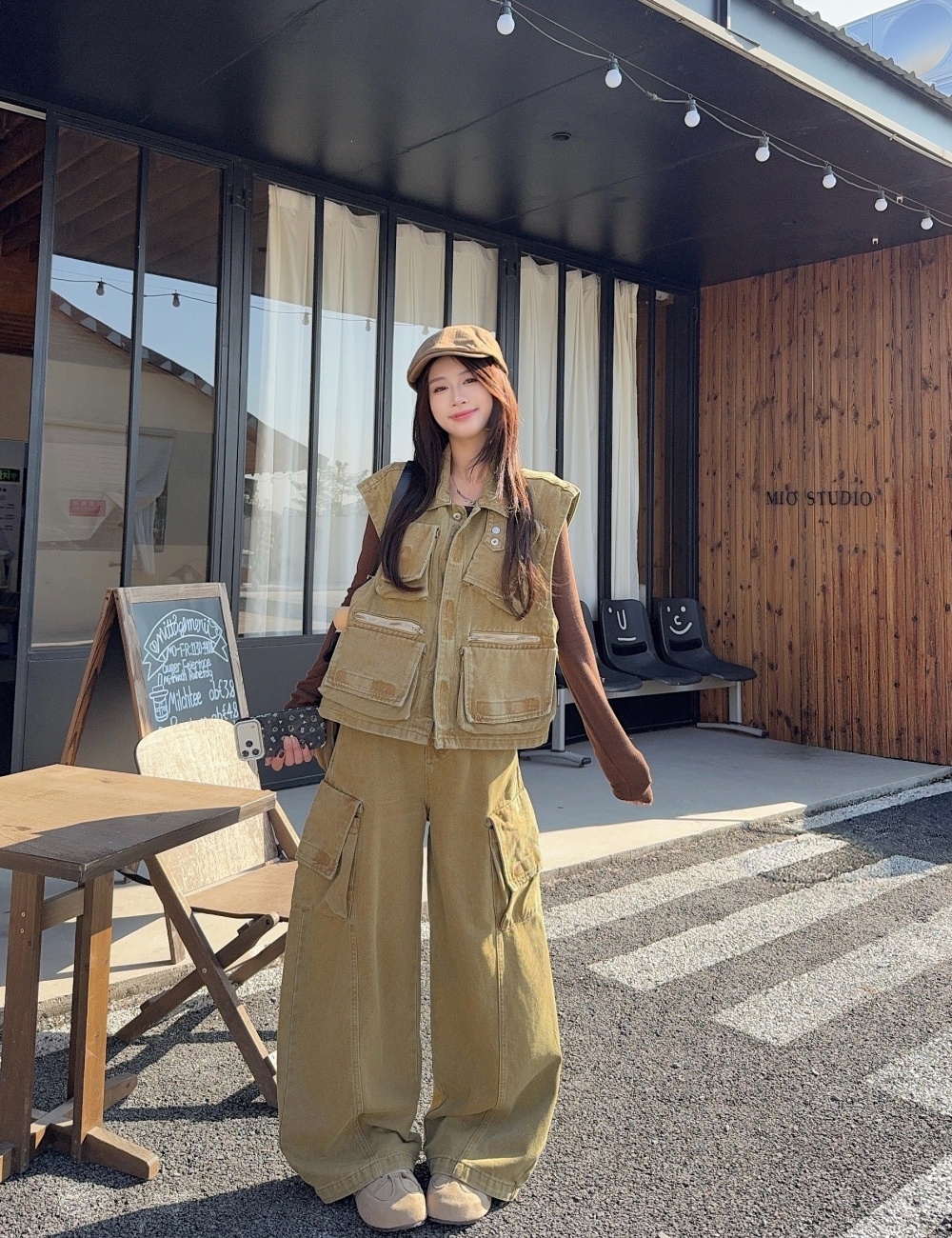 Denim work clothing all-match wide leg pants 2pcs set