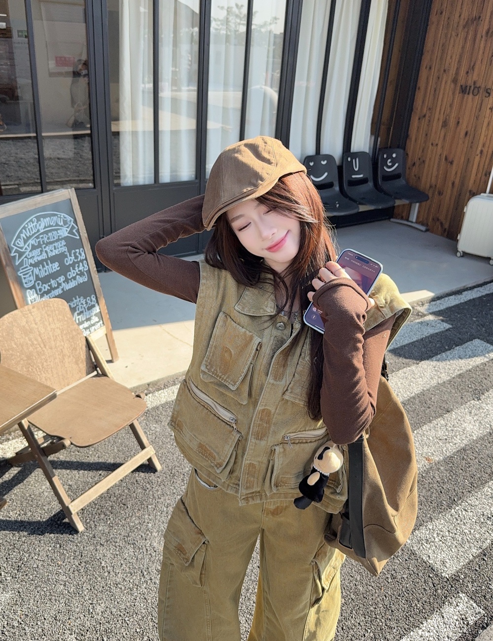 Denim work clothing all-match wide leg pants 2pcs set