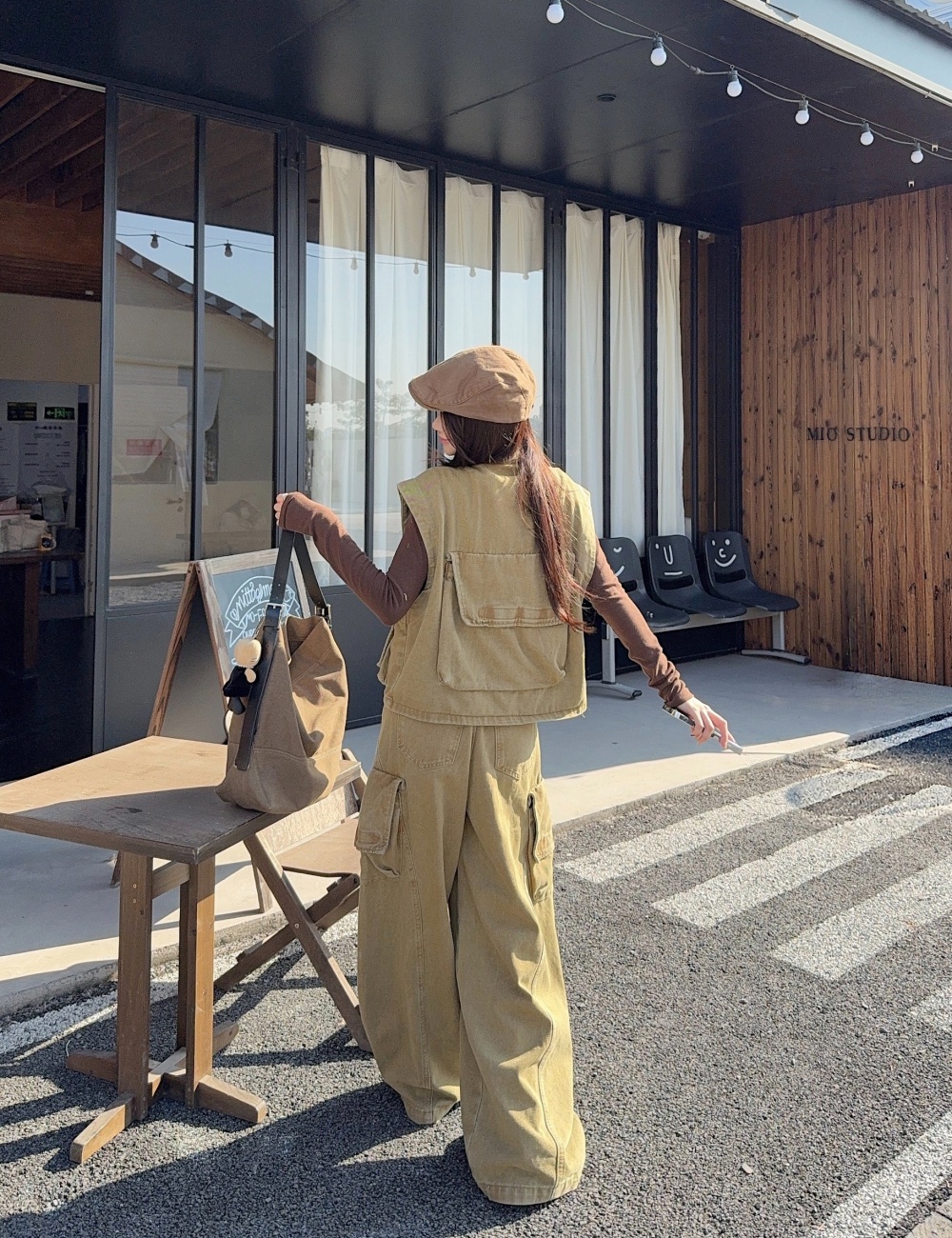 Denim work clothing all-match wide leg pants 2pcs set