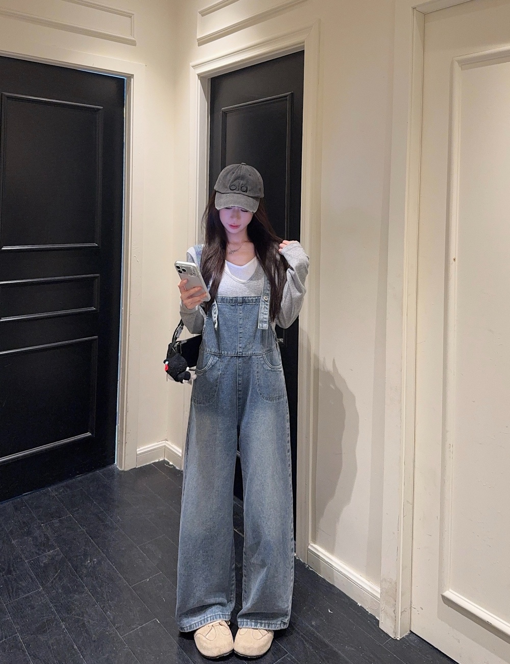 High waist bib pants wide leg jeans for women