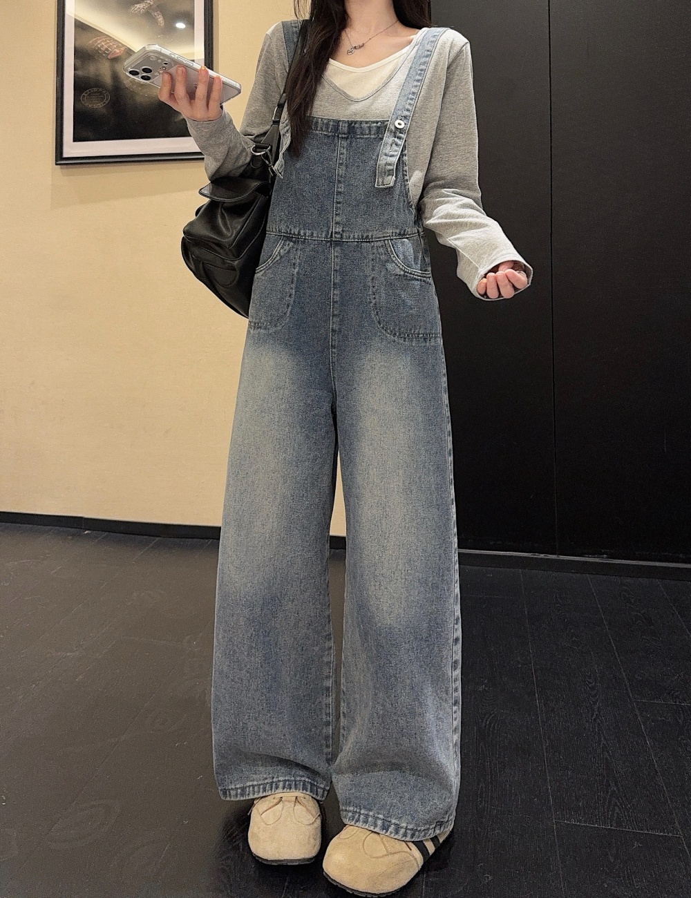 High waist bib pants wide leg jeans for women