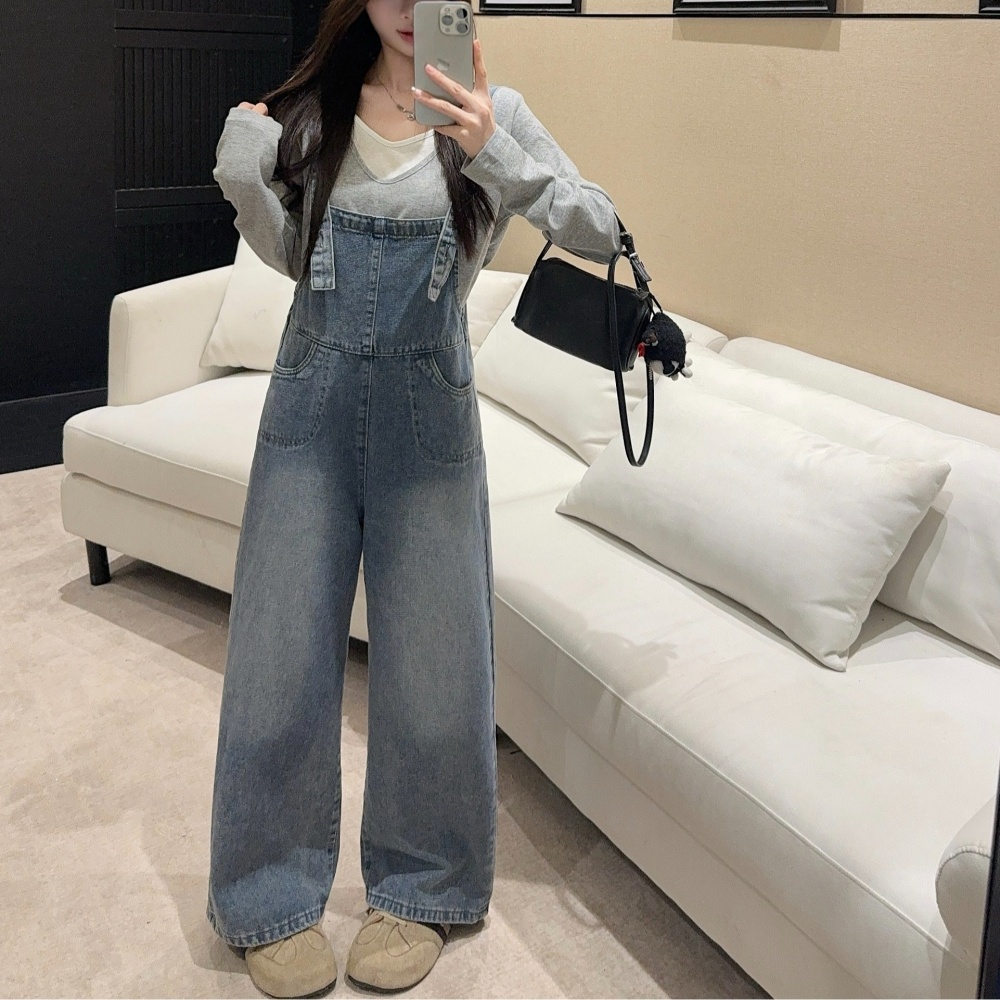 High waist bib pants wide leg jeans for women