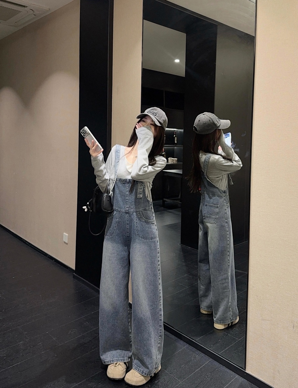 High waist bib pants wide leg jeans for women