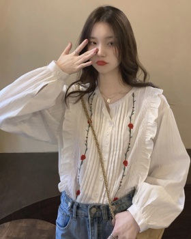 Long sleeve white niche flowers shirt for women