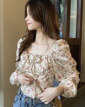 Retro long sleeve tops square collar floral shirt for women