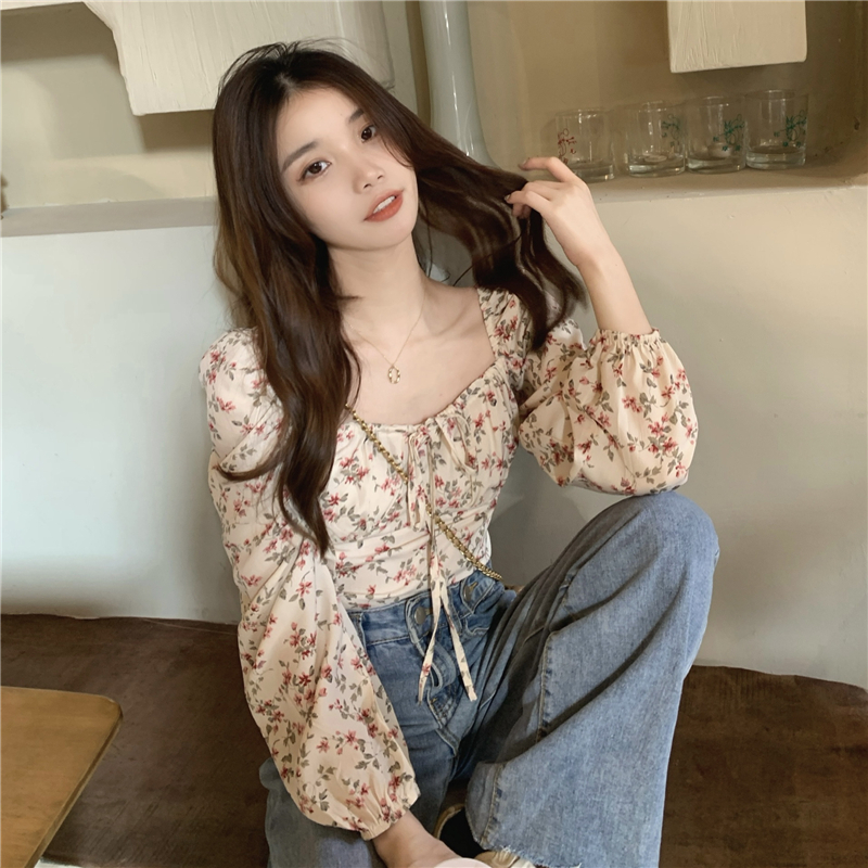 Retro long sleeve tops square collar floral shirt for women