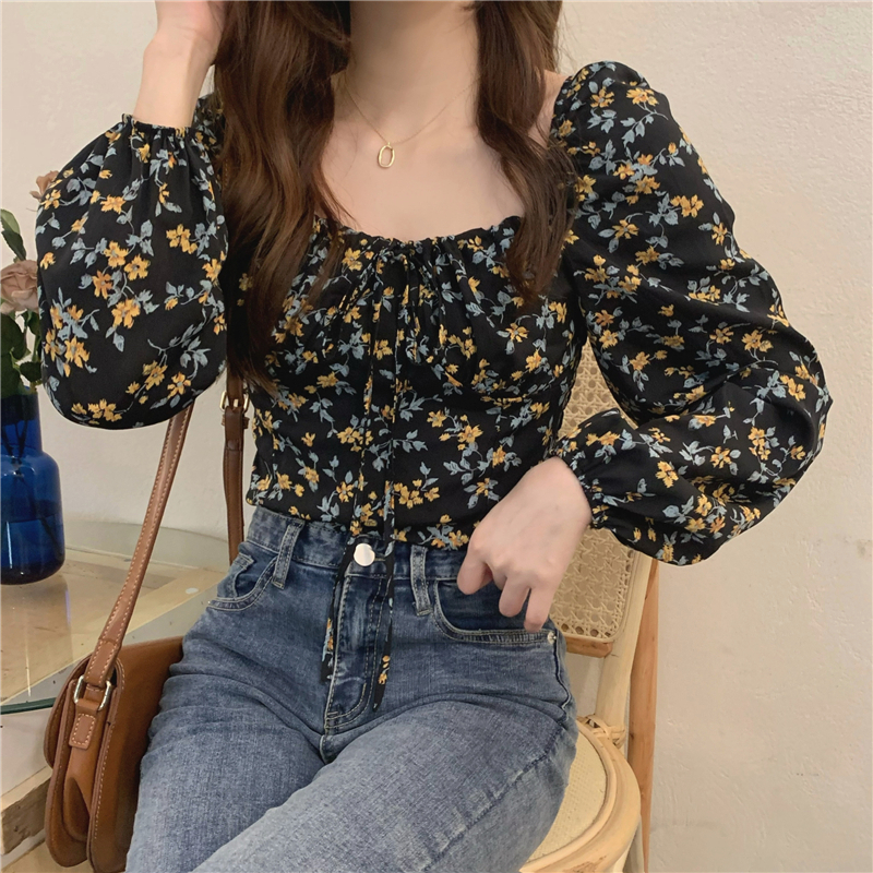 Retro long sleeve tops square collar floral shirt for women