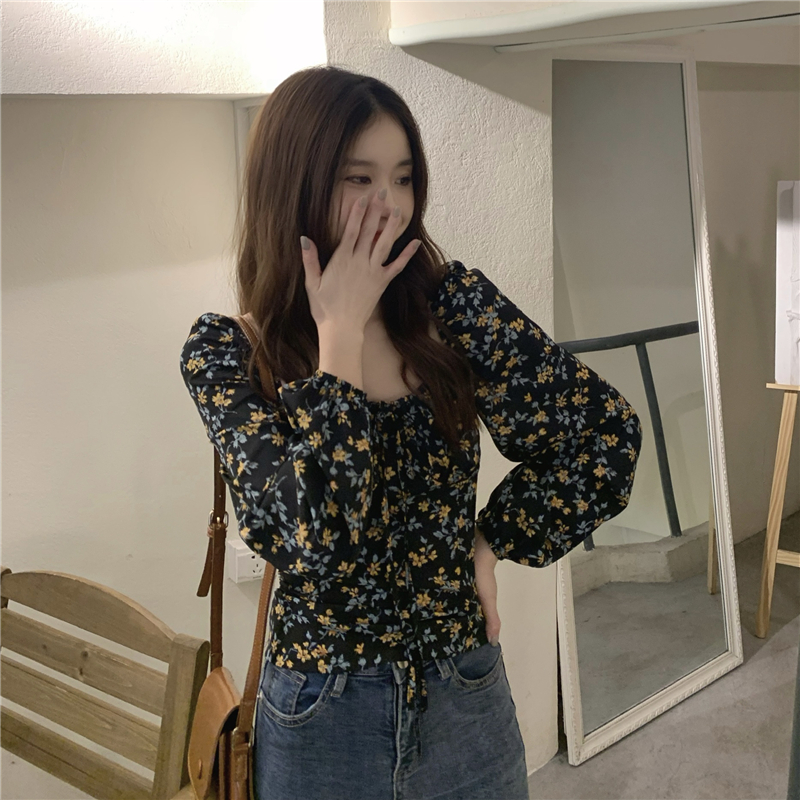 Retro long sleeve tops square collar floral shirt for women