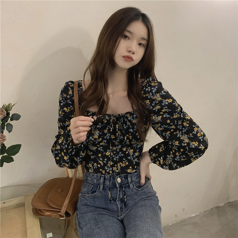 Retro long sleeve tops square collar floral shirt for women