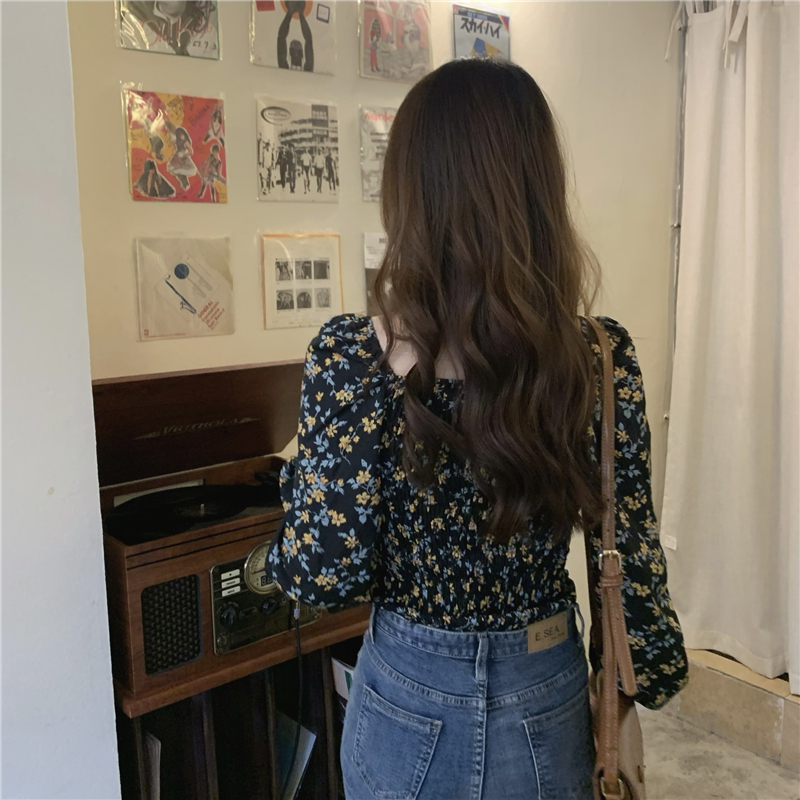 Retro long sleeve tops square collar floral shirt for women