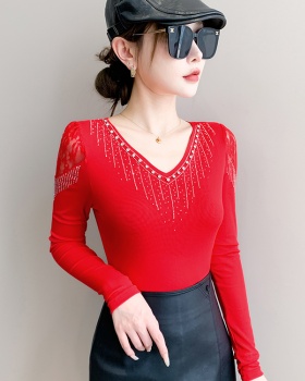 V-neck long sleeve small shirt splice tops for women