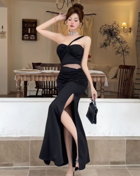 Sexy bottoming shoulder high slit low-cut long sling dress