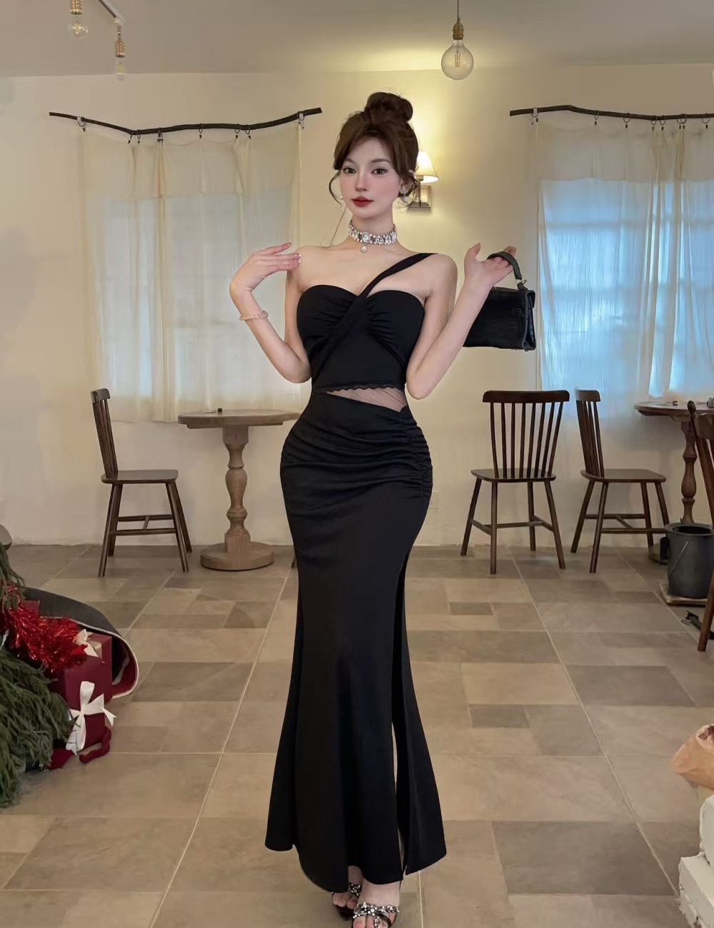 Sexy bottoming shoulder high slit low-cut long sling dress