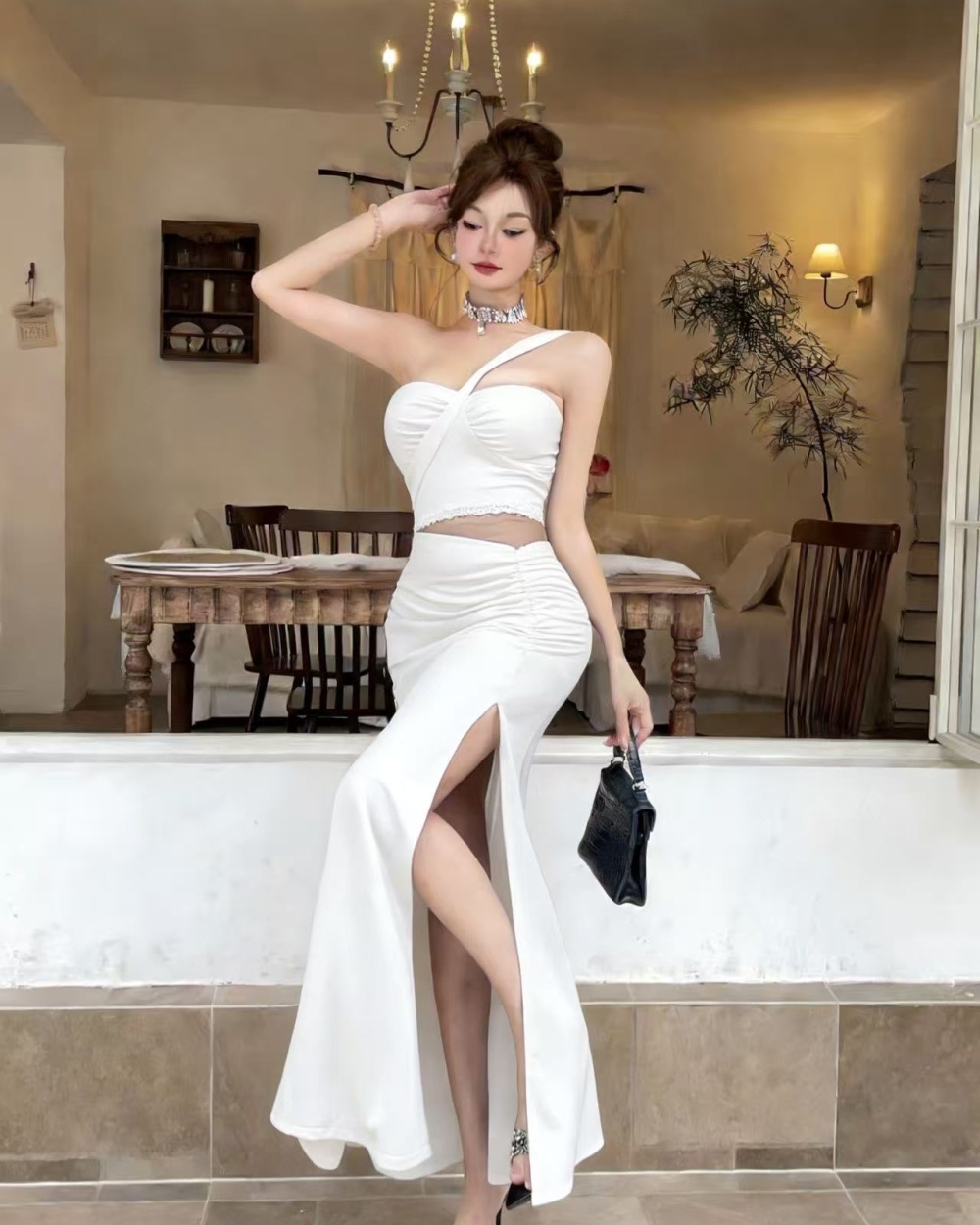 Sexy bottoming shoulder high slit low-cut long sling dress