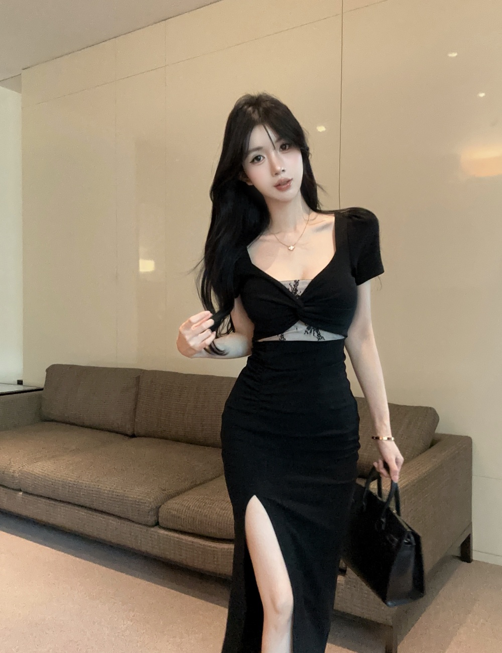 Short sleeve long splice low-cut lace high split dress