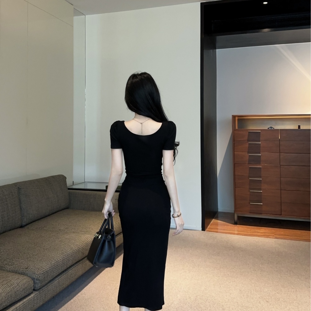 Short sleeve long splice low-cut lace high split dress