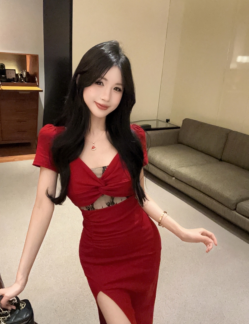 Short sleeve long splice low-cut lace high split dress