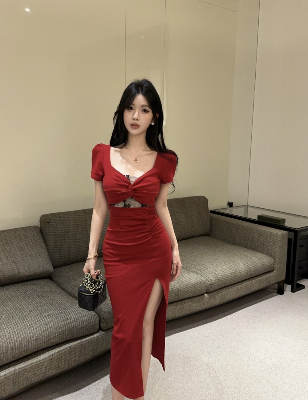 Short sleeve long splice low-cut lace high split dress