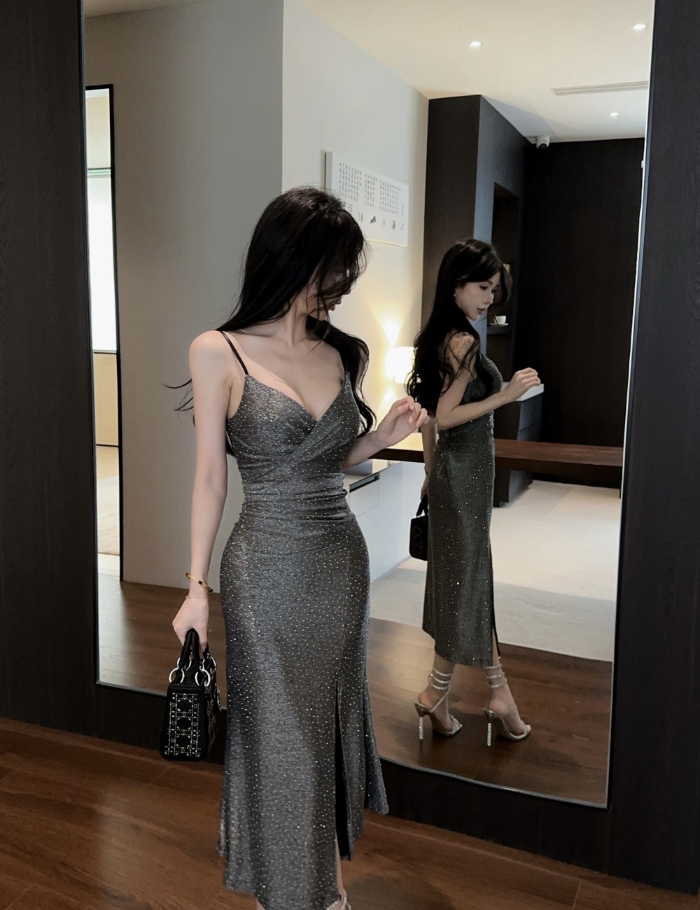 High slit long low-cut sling bottoming sexy dress