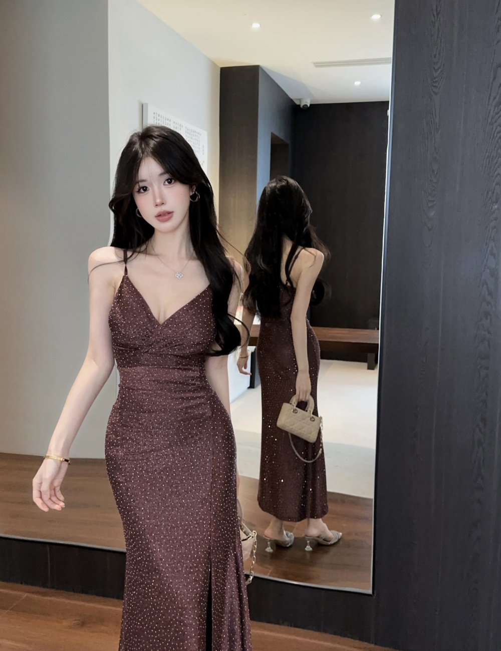 High slit long low-cut sling bottoming sexy dress