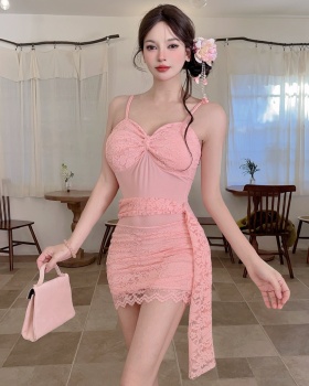 Hollow bottoming package hip short low-cut lace sexy dress