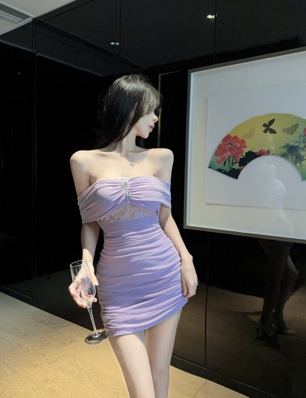 Lace strapless low-cut gauze horizontal collar splice dress