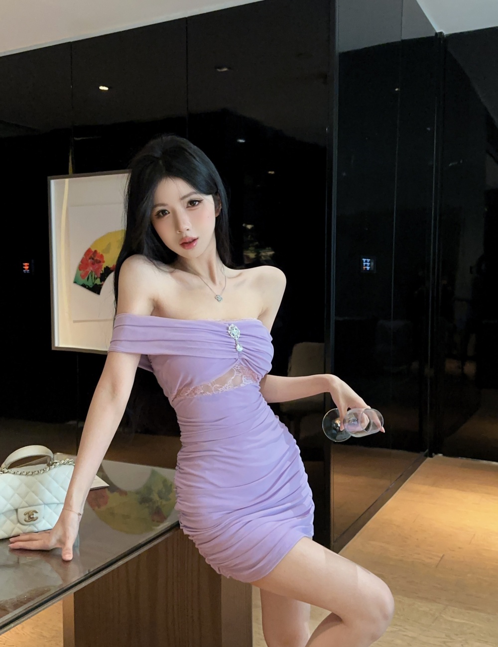 Lace strapless low-cut gauze horizontal collar splice dress