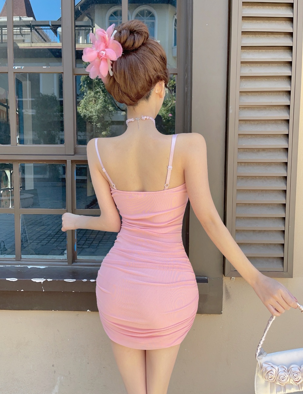 Low-cut sling Pseudo-two short gauze dress