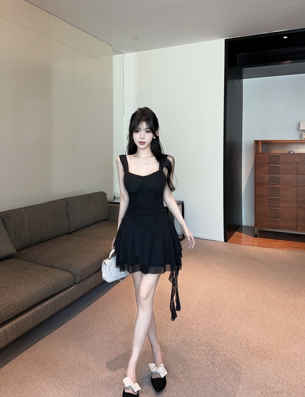 Low-cut tassels big skirt dress A-line short vest