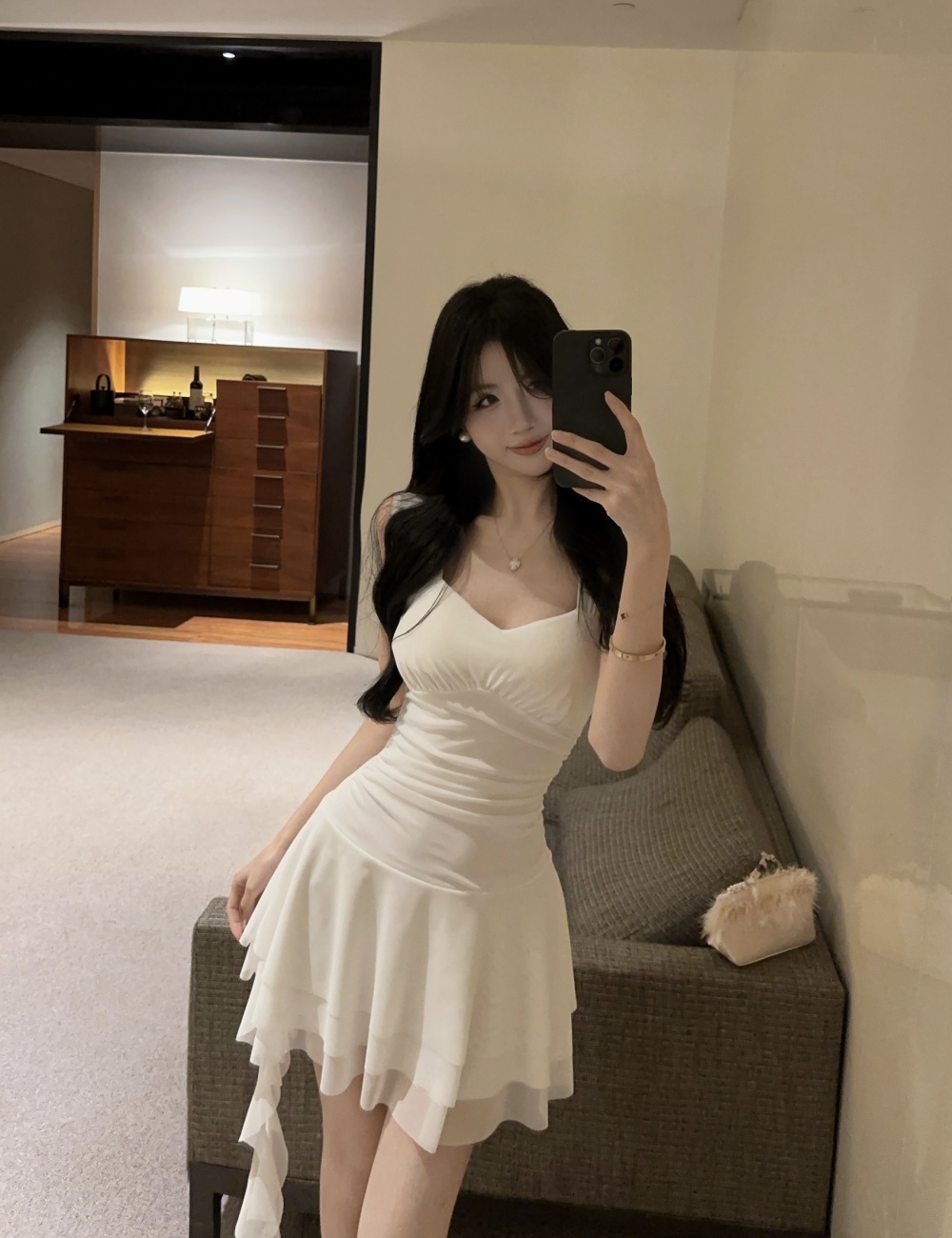 Low-cut tassels big skirt dress A-line short vest