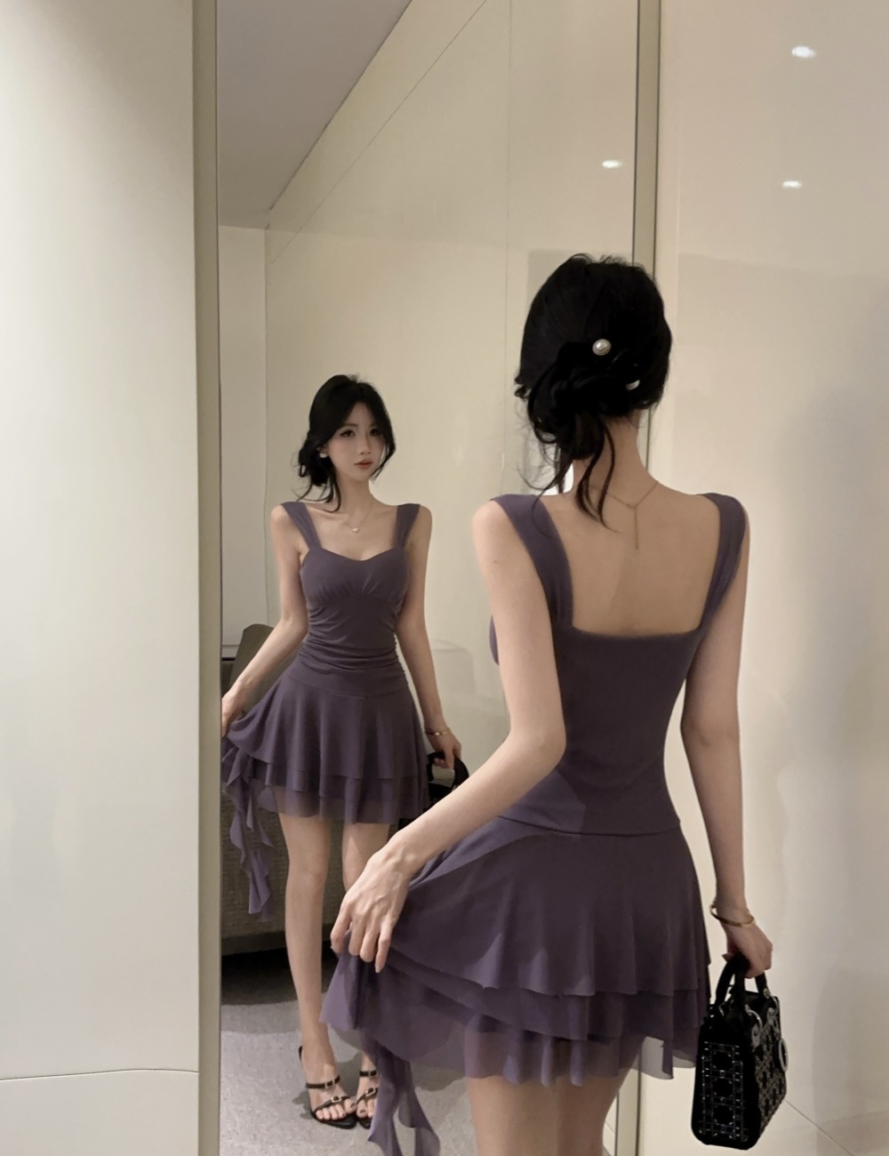 Low-cut tassels big skirt dress A-line short vest