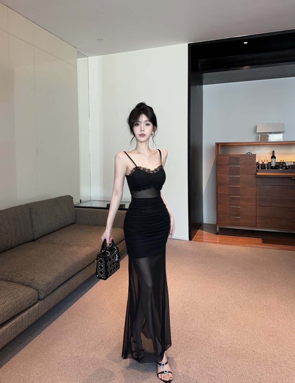 Gauze bottoming lotus leaf edges long strapless dress