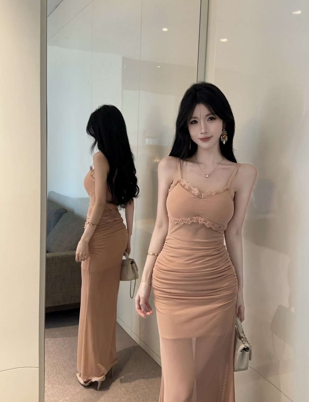 Gauze bottoming lotus leaf edges long strapless dress