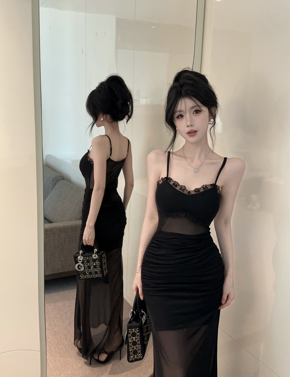 Gauze bottoming lotus leaf edges long strapless dress