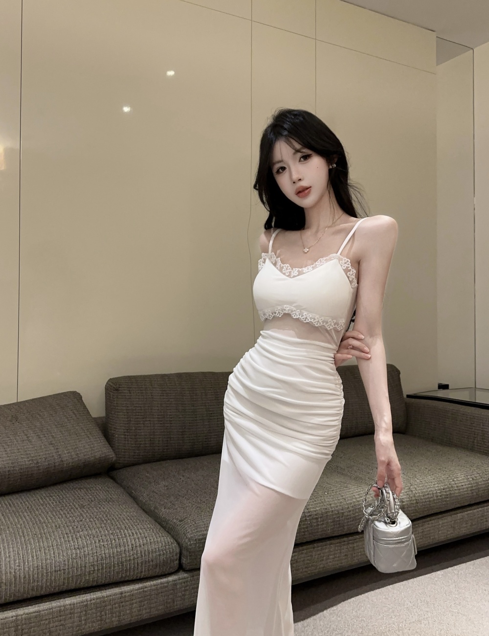 Gauze bottoming lotus leaf edges long strapless dress