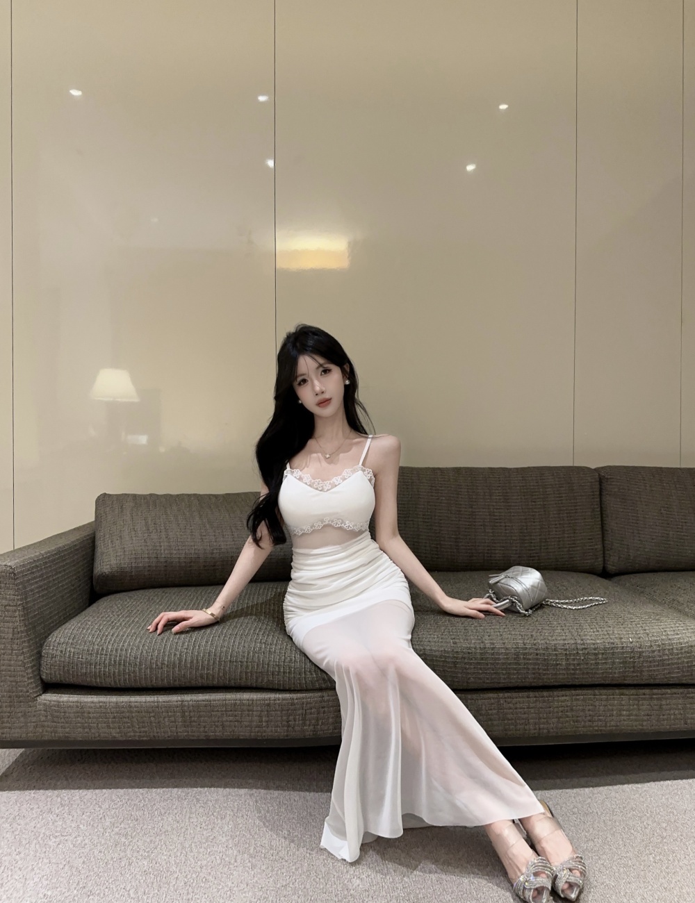 Gauze bottoming lotus leaf edges long strapless dress