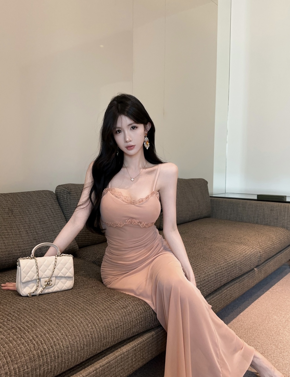 Gauze bottoming lotus leaf edges long strapless dress