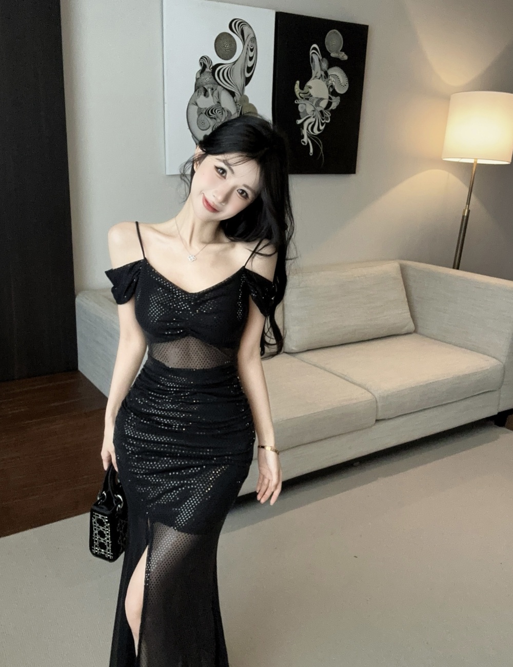 Strapless bottoming low-cut sling slit long dress