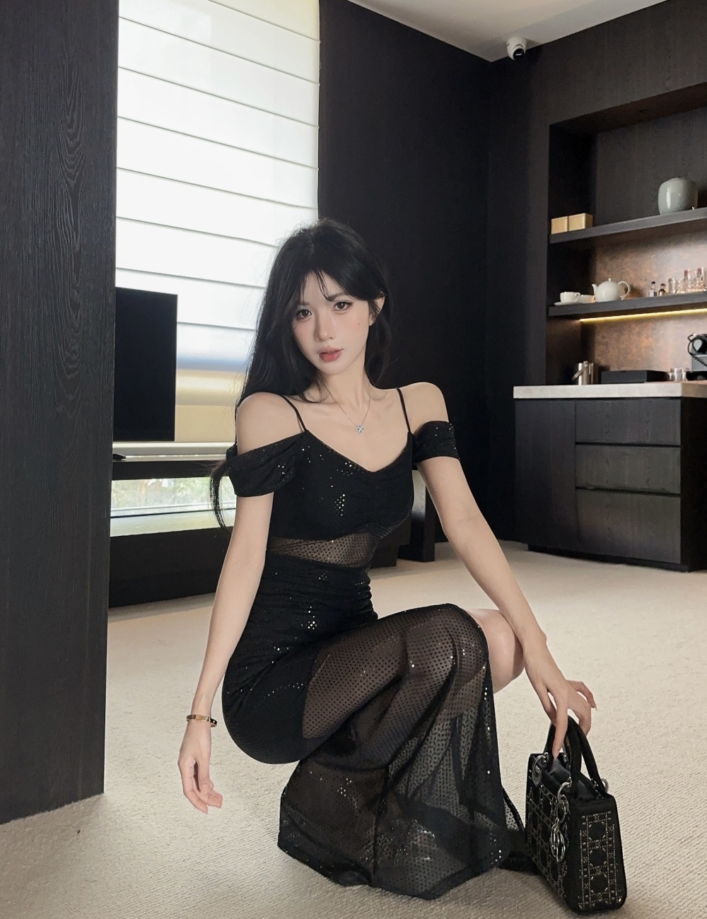 Strapless bottoming low-cut sling slit long dress