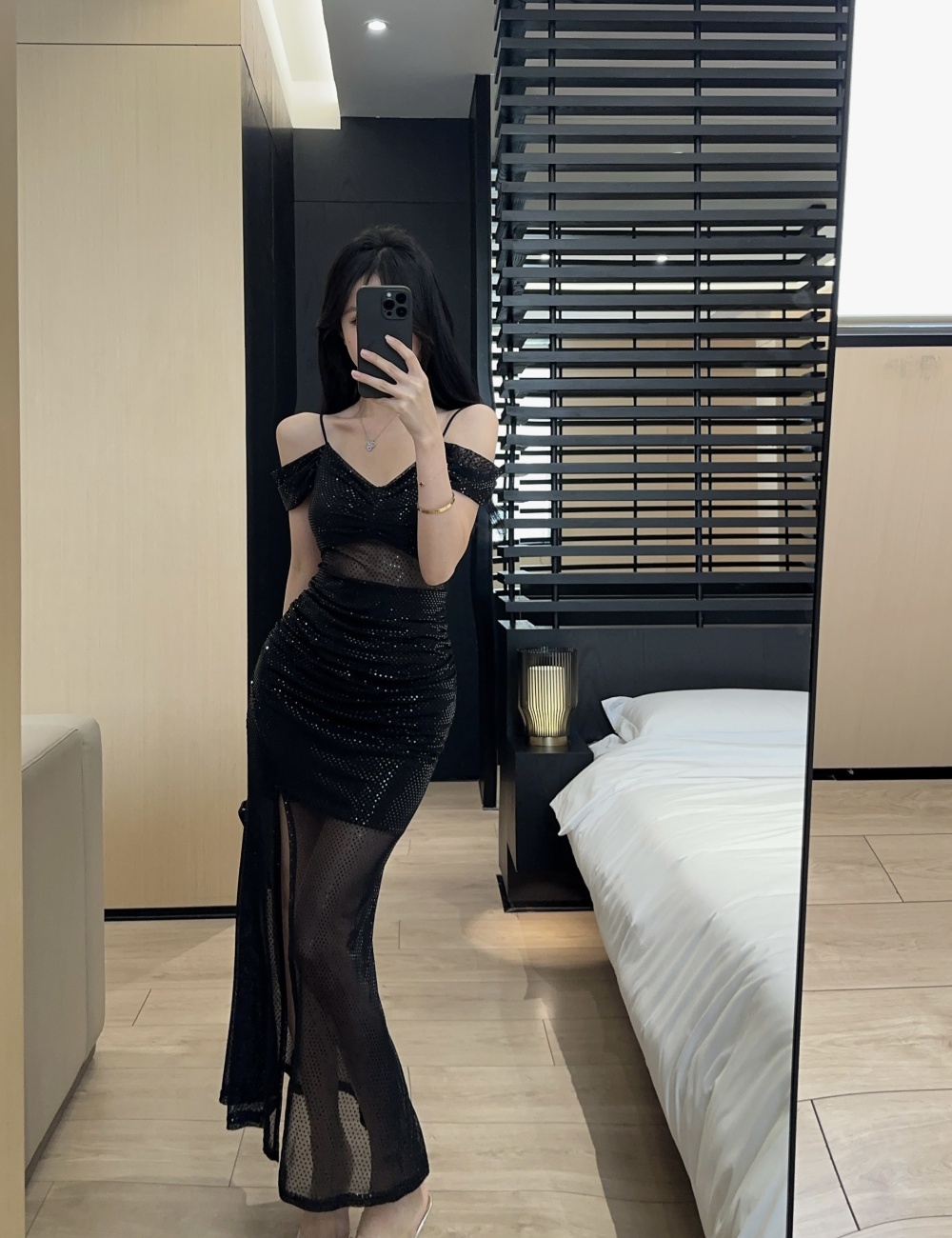 Strapless bottoming low-cut sling slit long dress