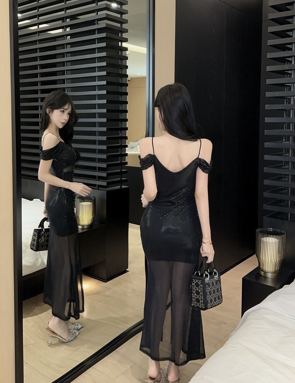 Strapless bottoming low-cut sling slit long dress