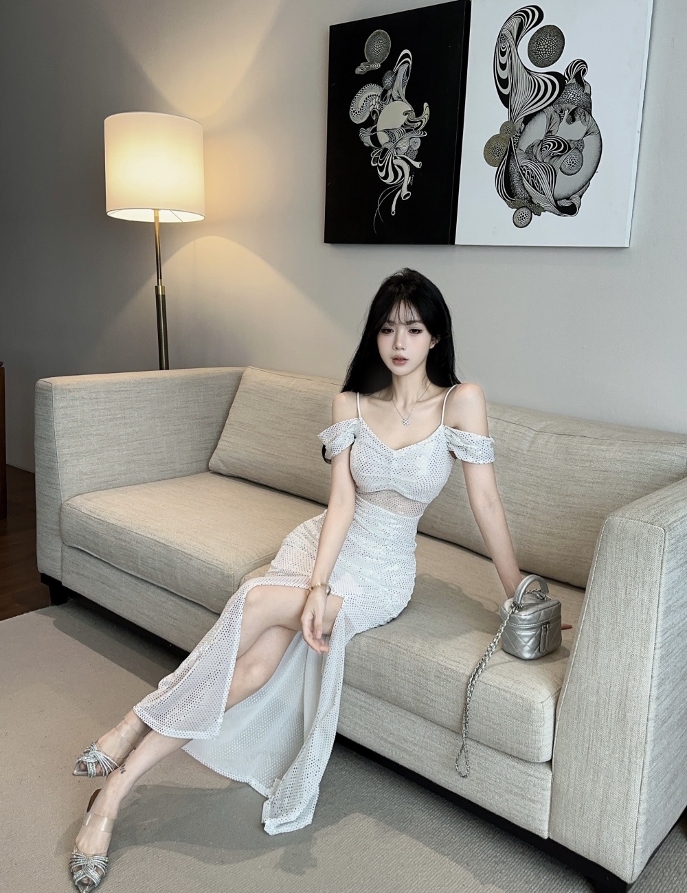 Strapless bottoming low-cut sling slit long dress