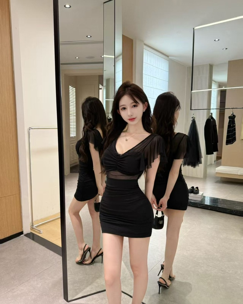 Bottoming package hip gauze short boats sleeve dress