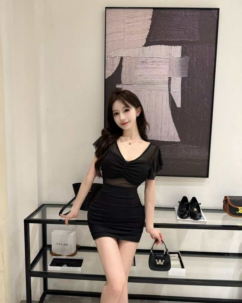 Bottoming package hip gauze short boats sleeve dress